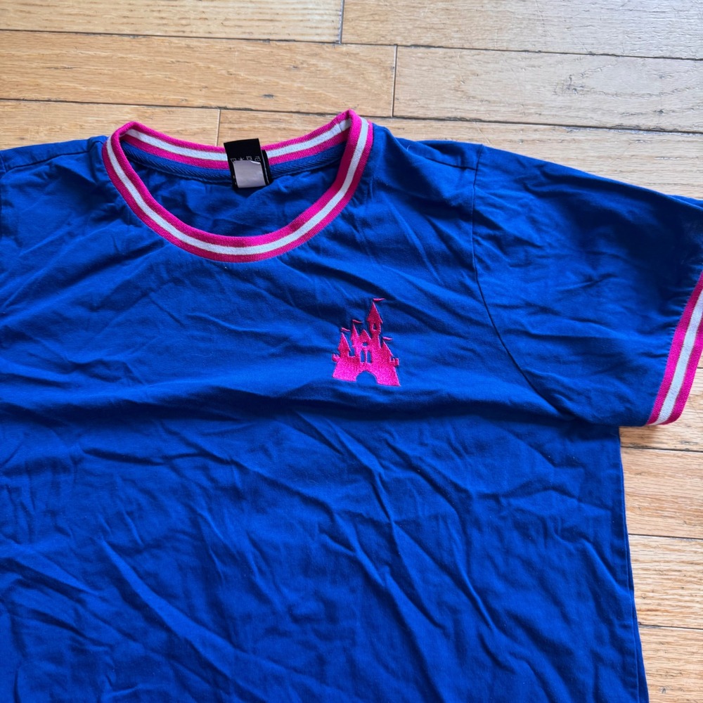 Disney Her Universe Ringer T-Shirt XL Blue Pink Castle Embroidered Short Sleeve